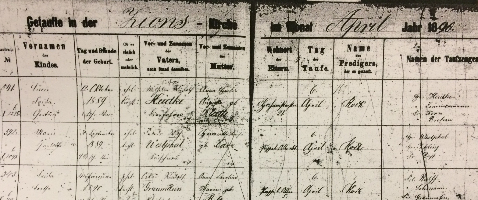 German baptism register 1890